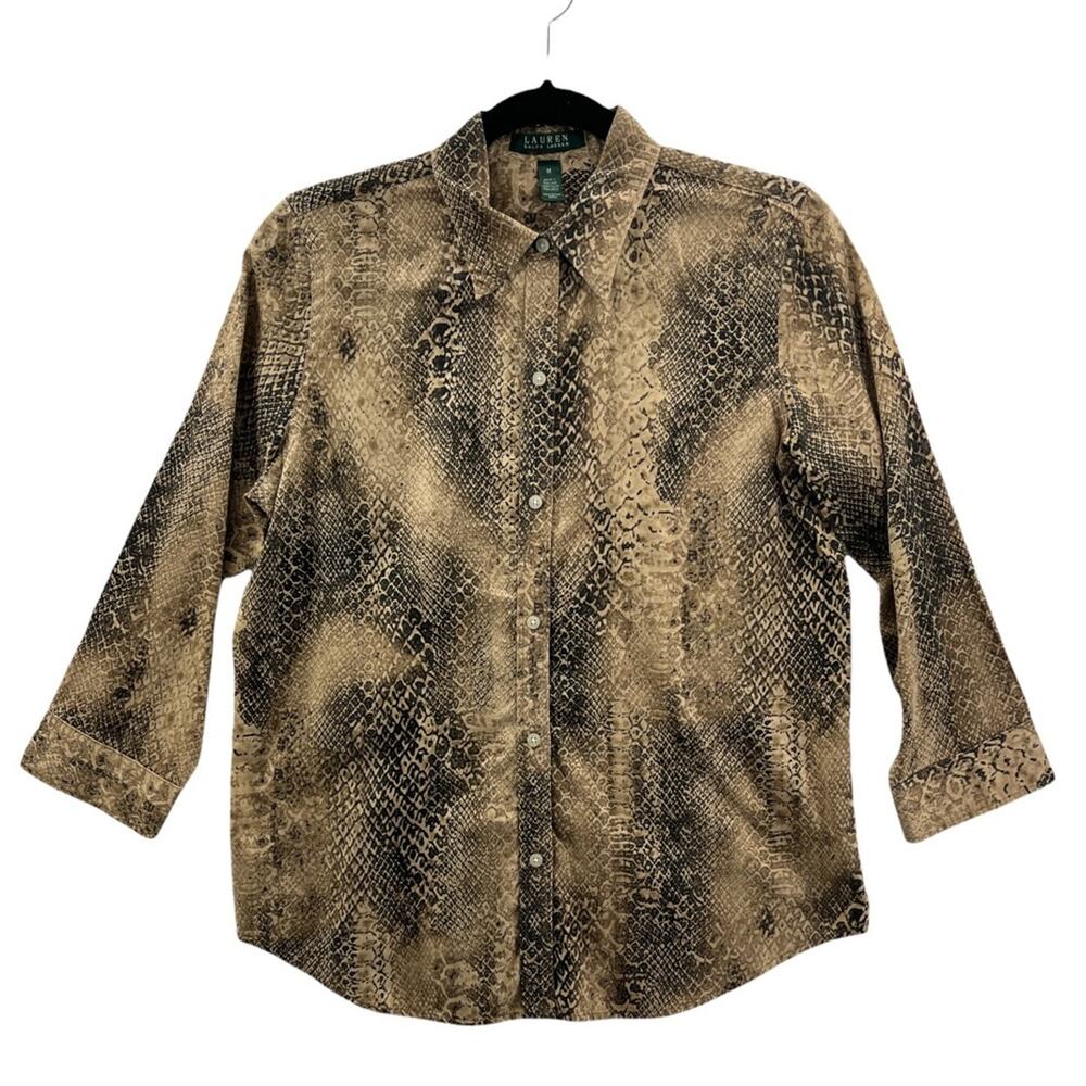 Lauren Ralph Lauren Womens Button Front Shirt Brown Snake Long Sleeve Cotton M